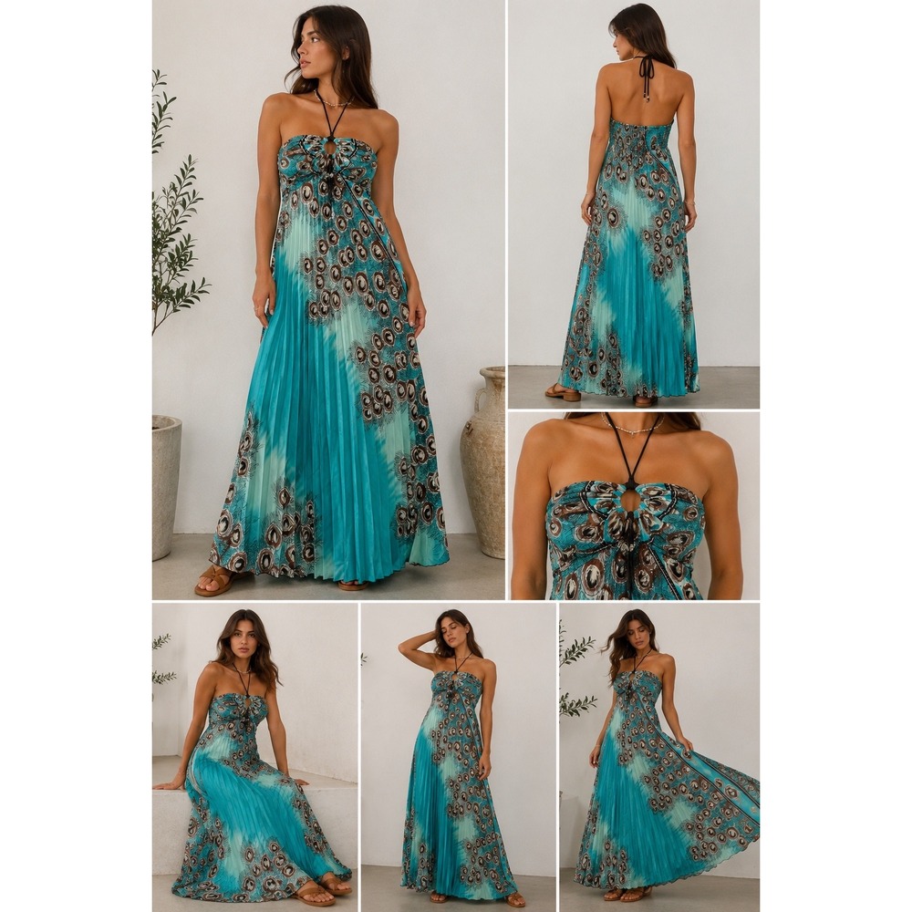 Shoreline Peacock Print Pleated Maxi Dress Turquoise Halter OS Fits M-L